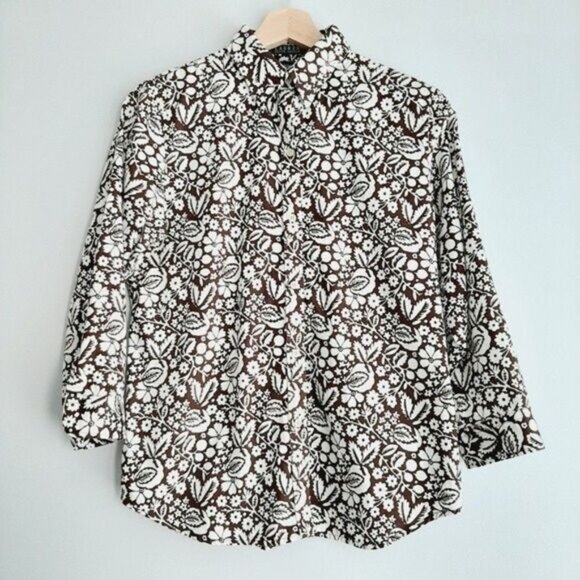 LAUREN Ralph Lauren / 3/4 Sleeve Button Down Shirt Floral Sz M - Picture 2 of 8